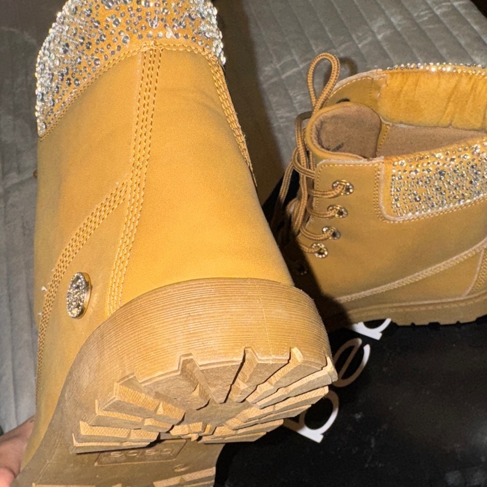 Bebe Mustard Lace-Up Boots with Glittering Cuff - Picture 14 of 16